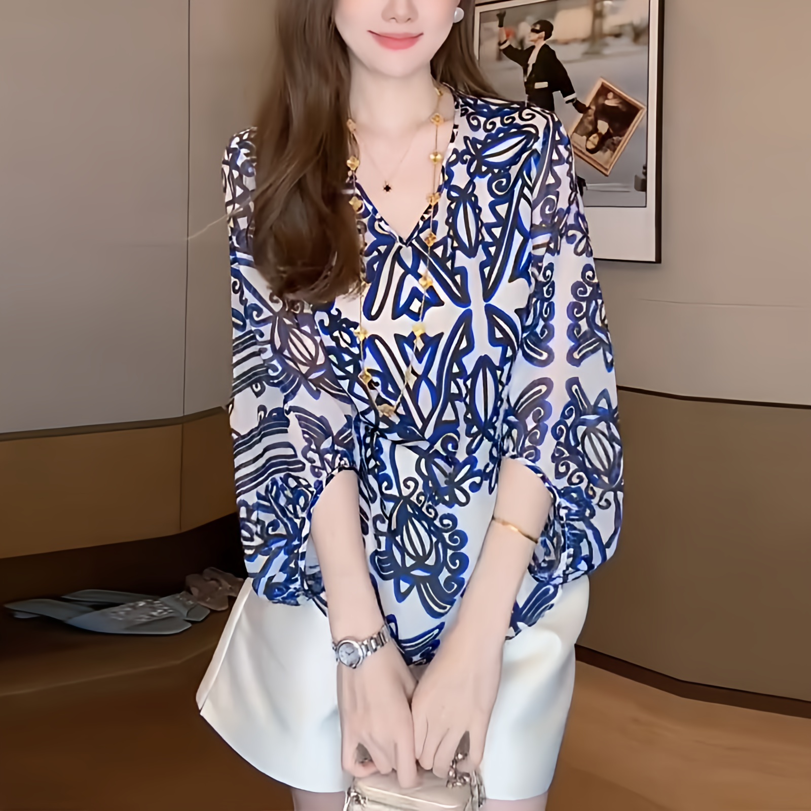 多巴胺洋气印花V领雪纺衫女2025夏季新款七分袖小衫宽松遮肚上衣