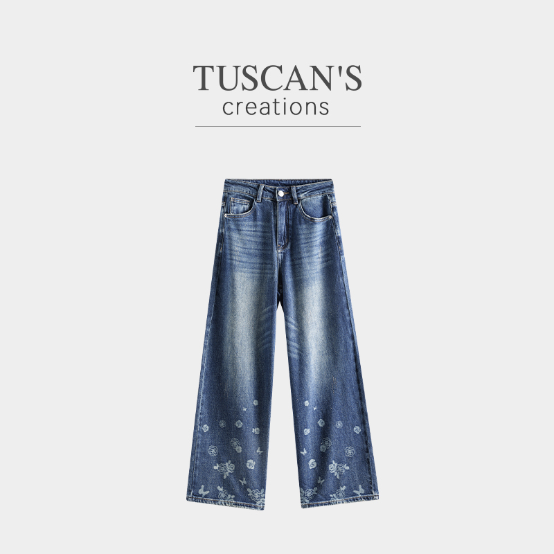 TUSCAN'S CREATIONS女长裤复古牛仔裤渐变设计师印花重工时代双鱼
