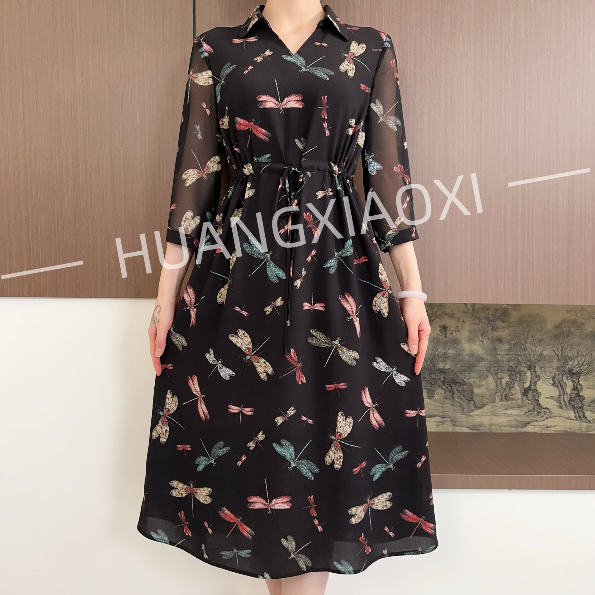 HUANGXIAOXI 五彩蜻蜓黑底抽绳款优雅气质中长袖连衣裙 HXX-265