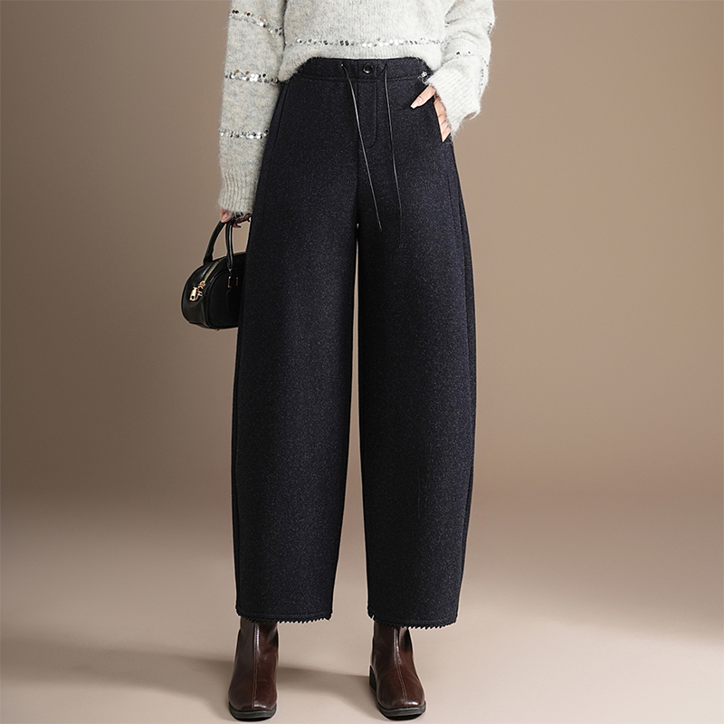 高端加绒加厚毛呢阔腿裤女九分裤2025秋冬新款宽松休闲弯刀气球裤