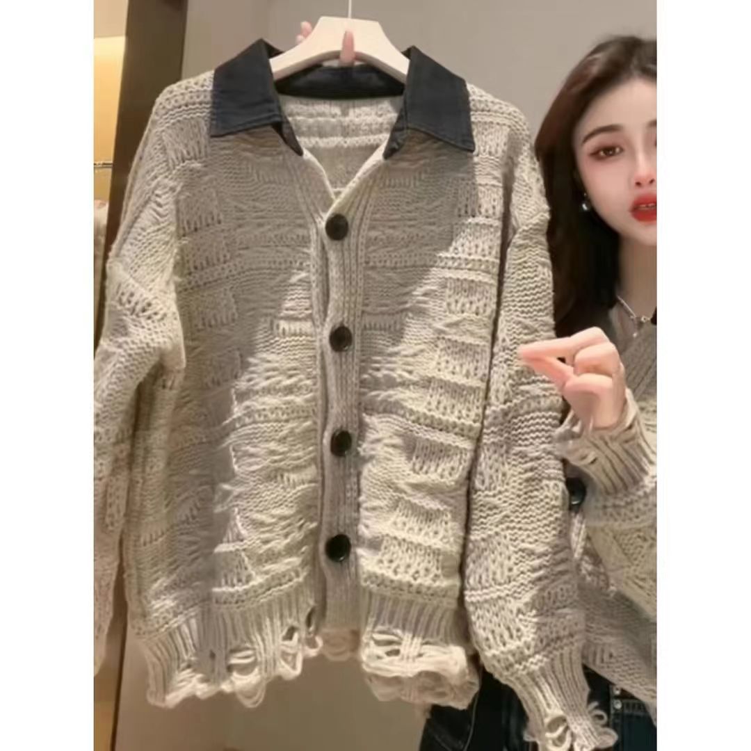 时尚撞色拼接牛仔领开衫针织开衫毛衣女新款慵懒百搭宽松外套上衣