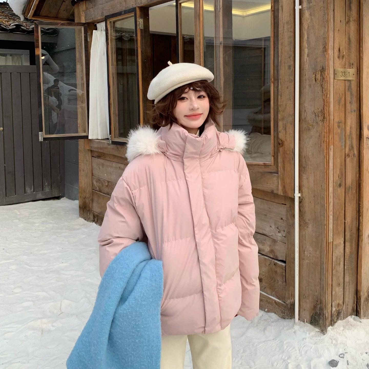 3MER  可拆卸毛领男女PU仿皮棉服外套