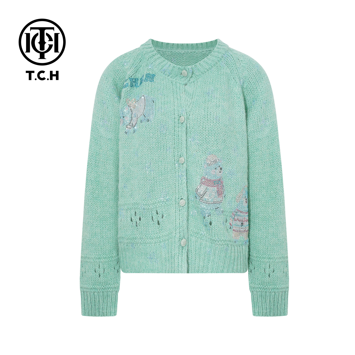 TCH【时尚气质】冬款时尚烫钻绿色休闲风女装针织开衫T75D43E1090