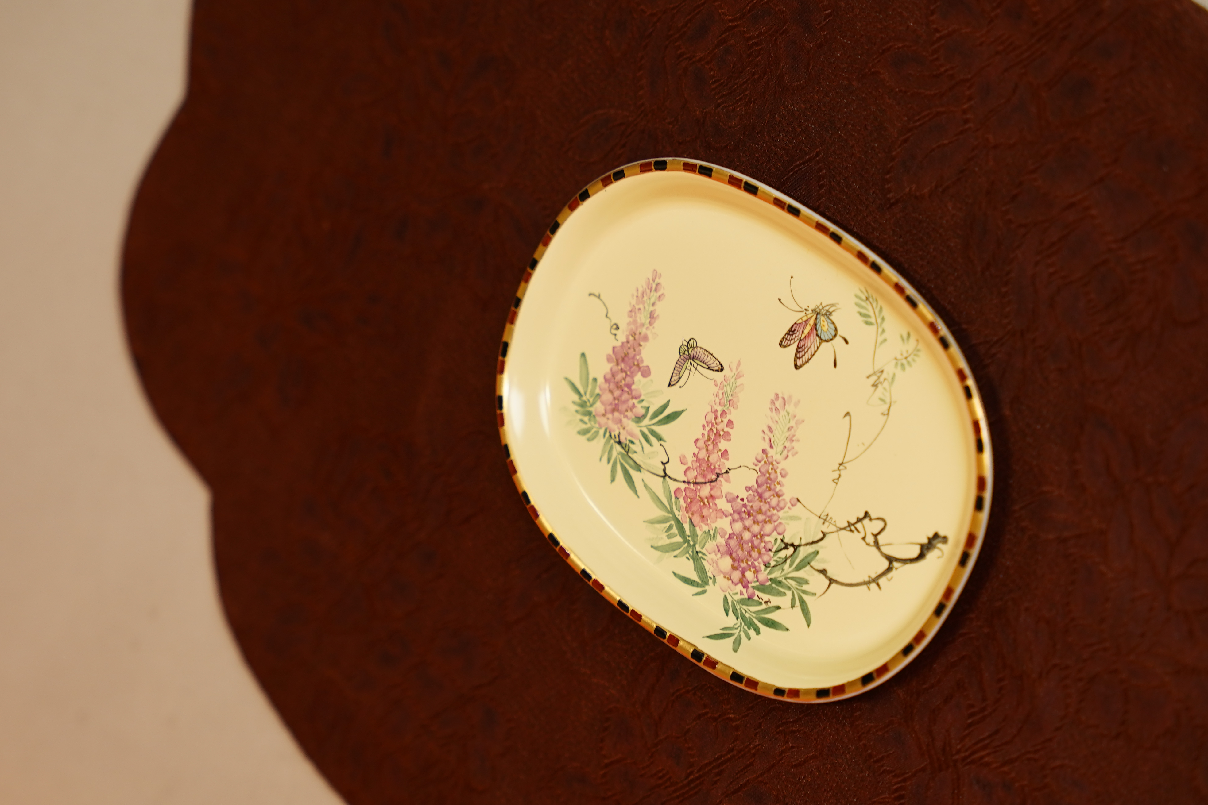  华隐堂  松花黄蝴蝶紫藤花异形托  茶具茶道手工手绘