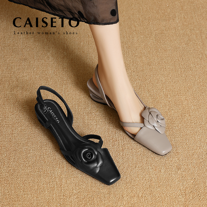 羊皮/3.5cm山茶花设计复古夏季纯色低跟包头时装凉鞋25XL123