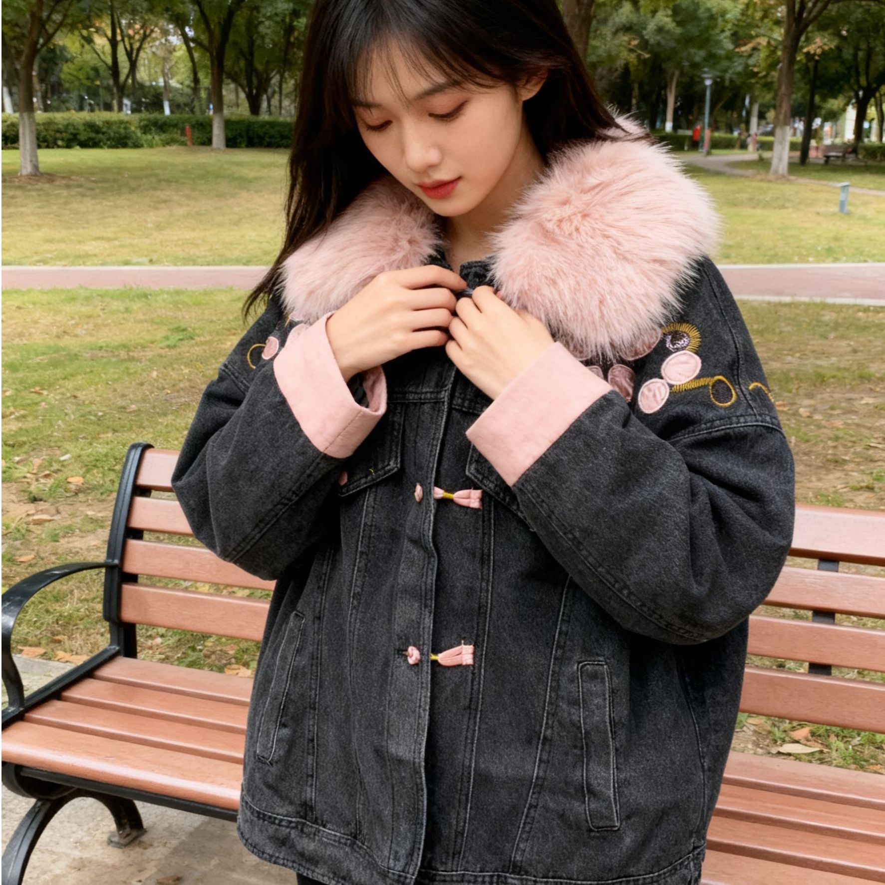 大毛领牛仔短款时尚百搭潮流加绒加厚秋冬K26#