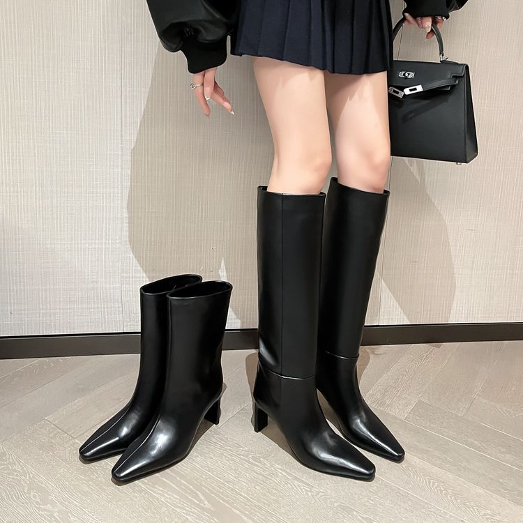 冬季简约异型跟纯色时装靴时装靴高筒