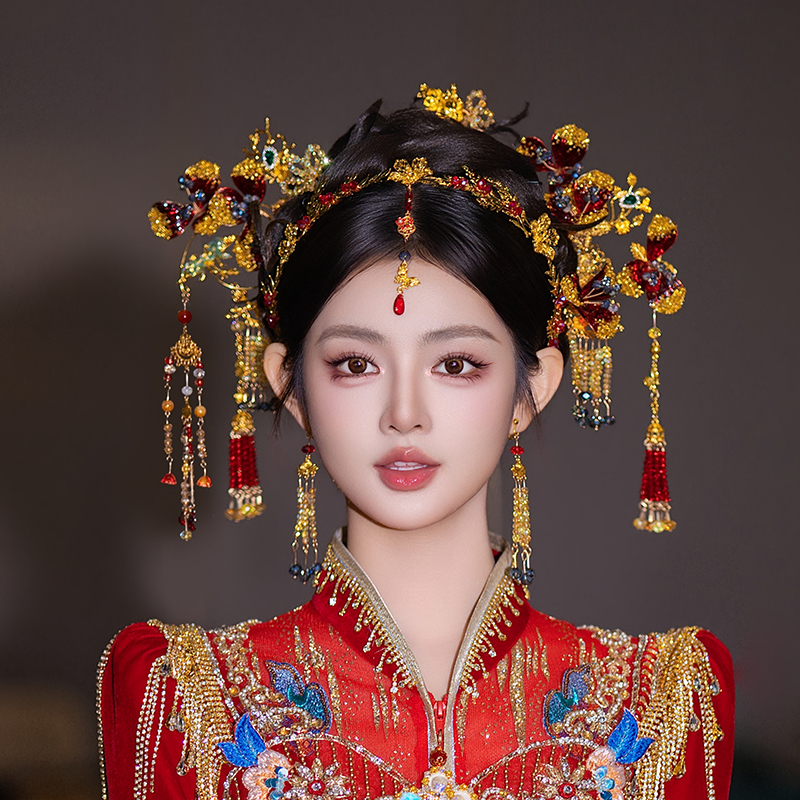 合金树脂婚庆饰品 中式新娘头饰高级感红金色凝胶花古风发饰G0362
