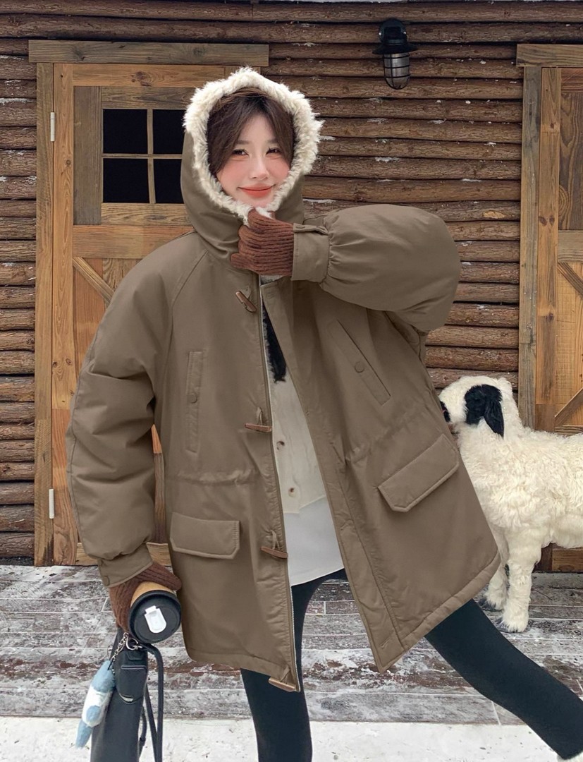 派克服女2025秋冬新款韩系学院风连帽保暖加绒仿羊羔毛棉衣