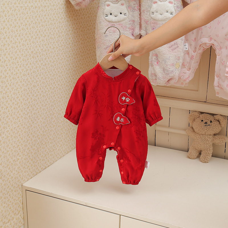 春秋款双层平安喜乐连体衣女宝宝中式新生儿可爱新生儿外出哈衣