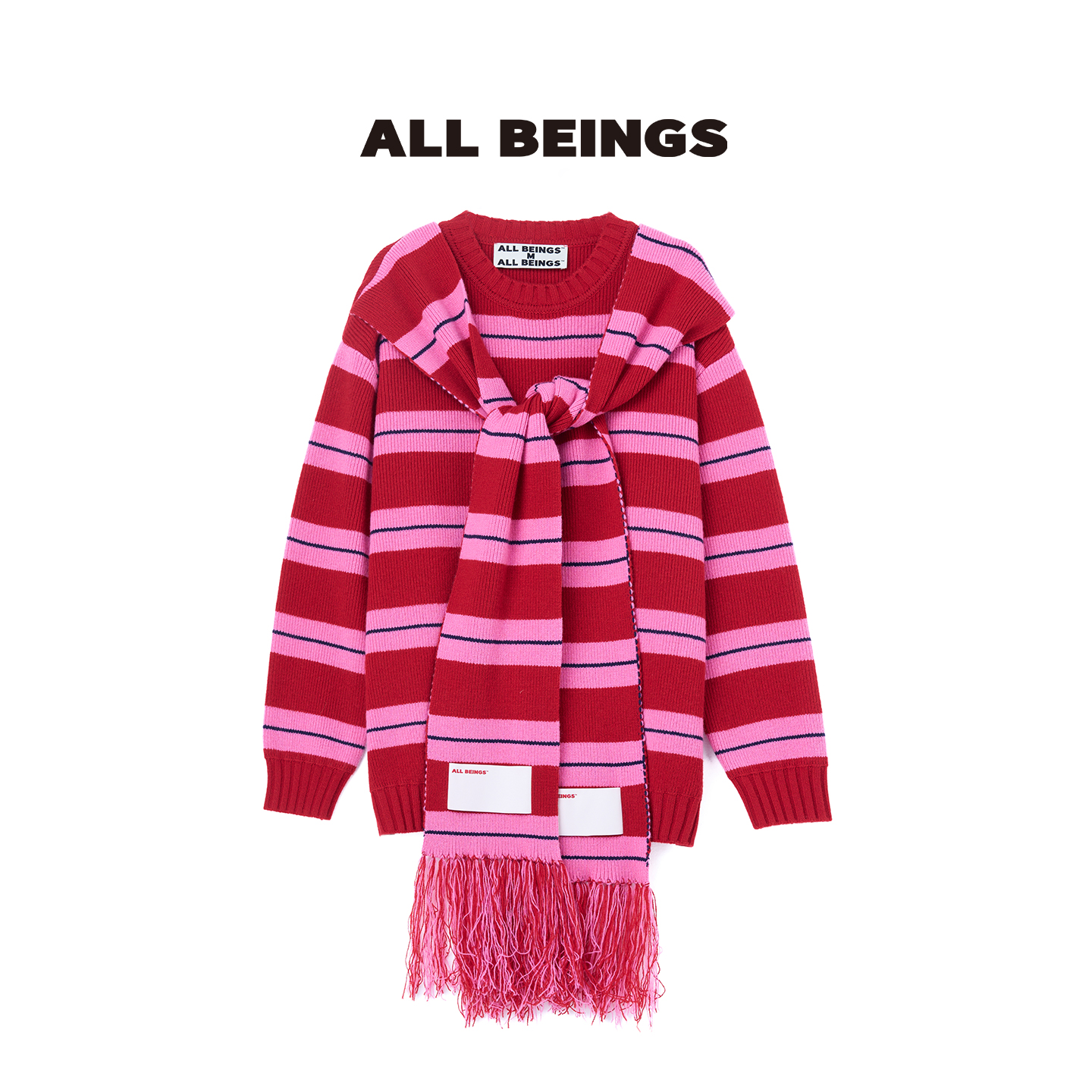 【茉舍】ALL BEINGS流苏围巾拼接圆领毛衣TESH23439-860