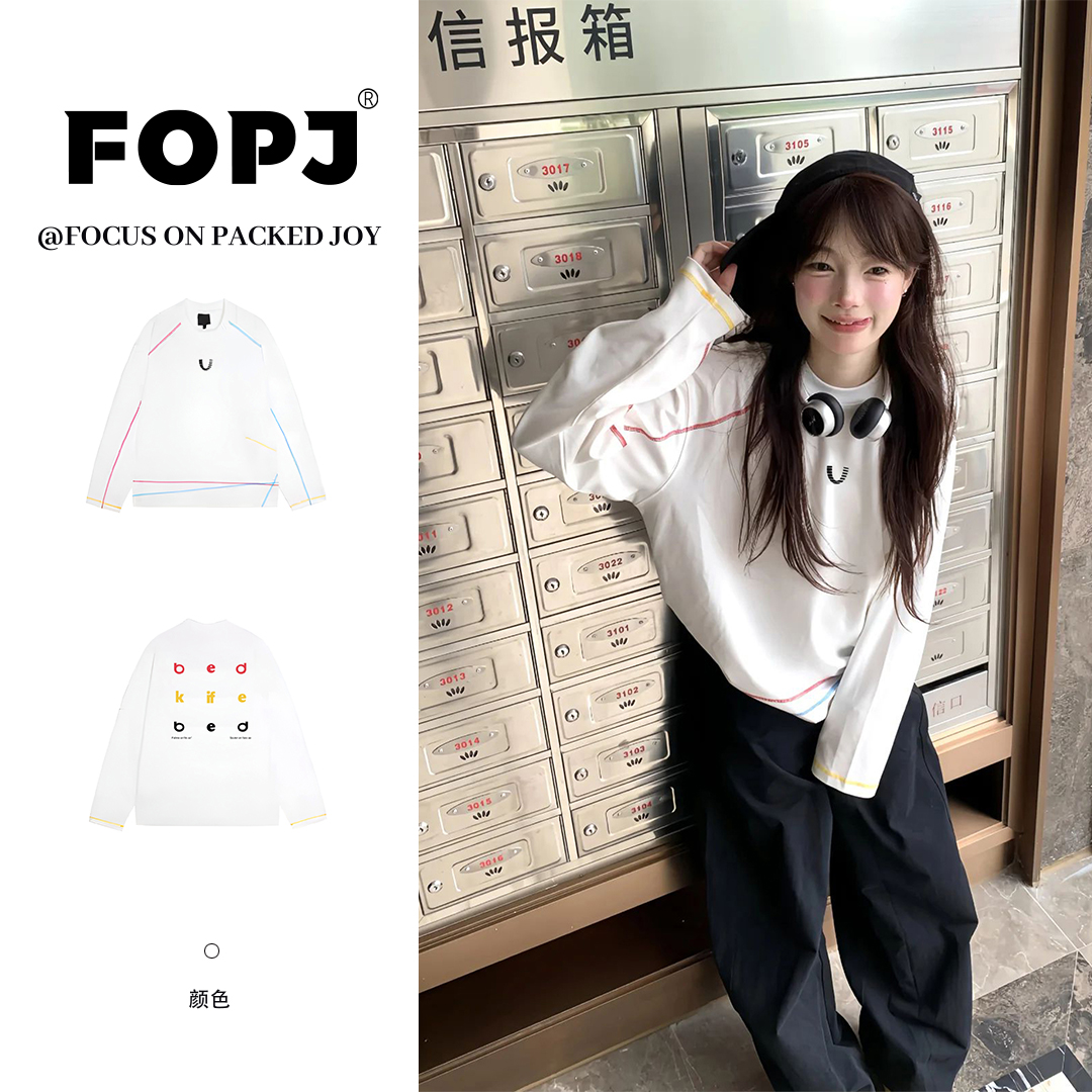FOPJ速干美式复古彩色不规则线条长袖T恤女秋季宽松慵懒风上衣ins