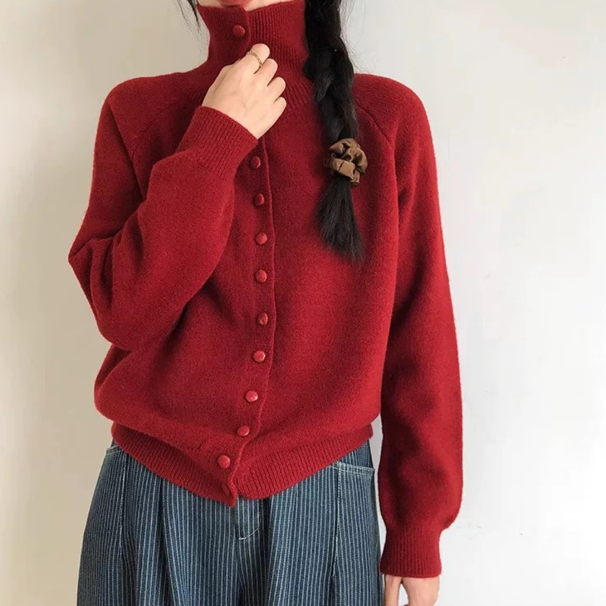 圣诞新款加厚大版毛领高领开衫保暖百搭韩系慵懒风女装上衣089