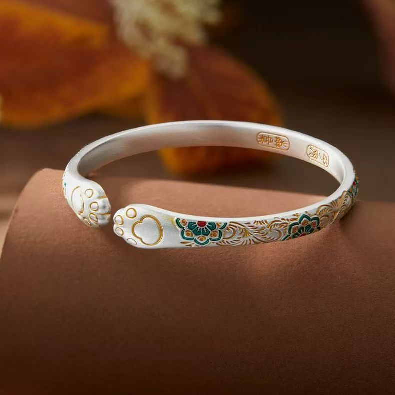 足银手镯 999.9  珐琅彩宝相花开口手镯