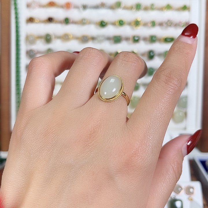 和田玉戒指银S925镀金镶嵌