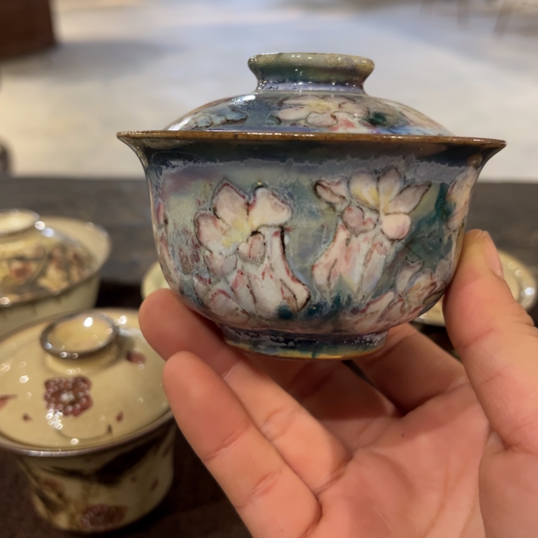 手工 柴烧 油画盖碗
