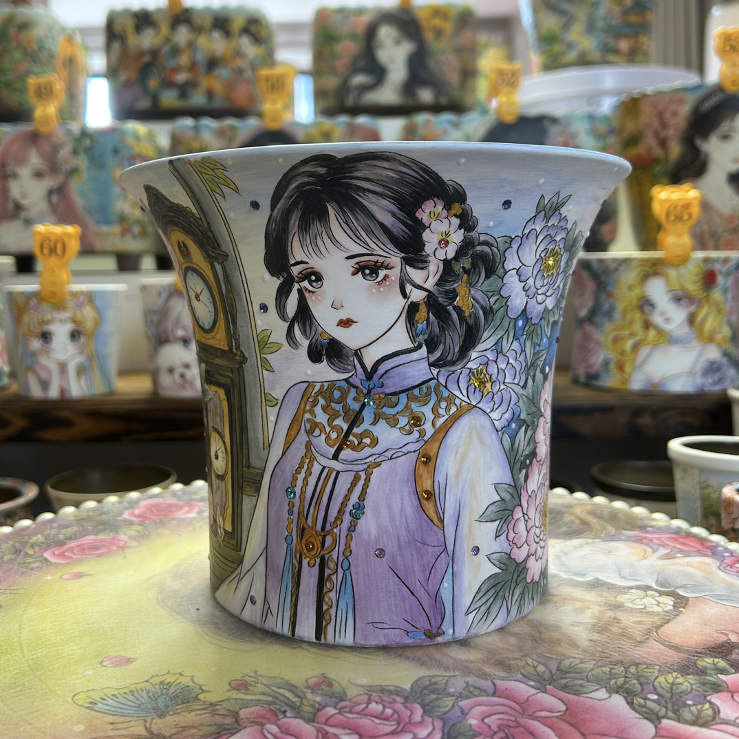 薄雾的精工美女万象盆、内口径19、高度15.8