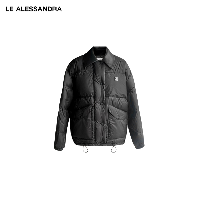  品牌直营 LE ALESSANDRA 拼接皮质翻领口袋工装宽松羽绒服