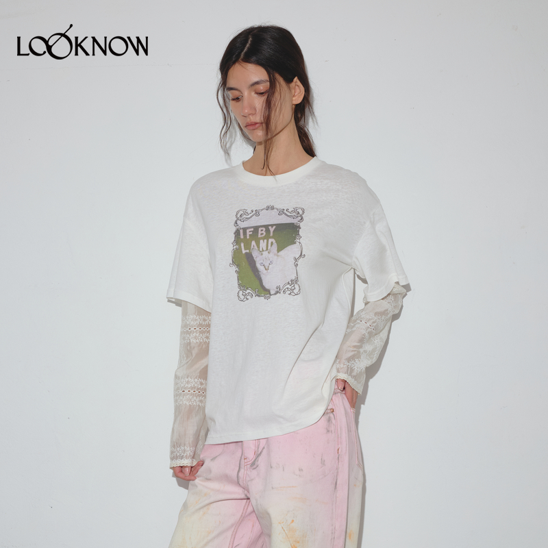IF BY LAND设计师品牌LOOKNOW2025年春季新款猫咪印花假两件T恤