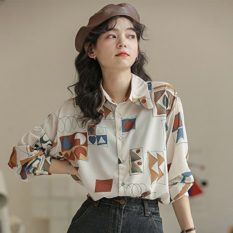 港风法式复古雪纺衬衫薄款宽松印花长袖别致上衣设计感