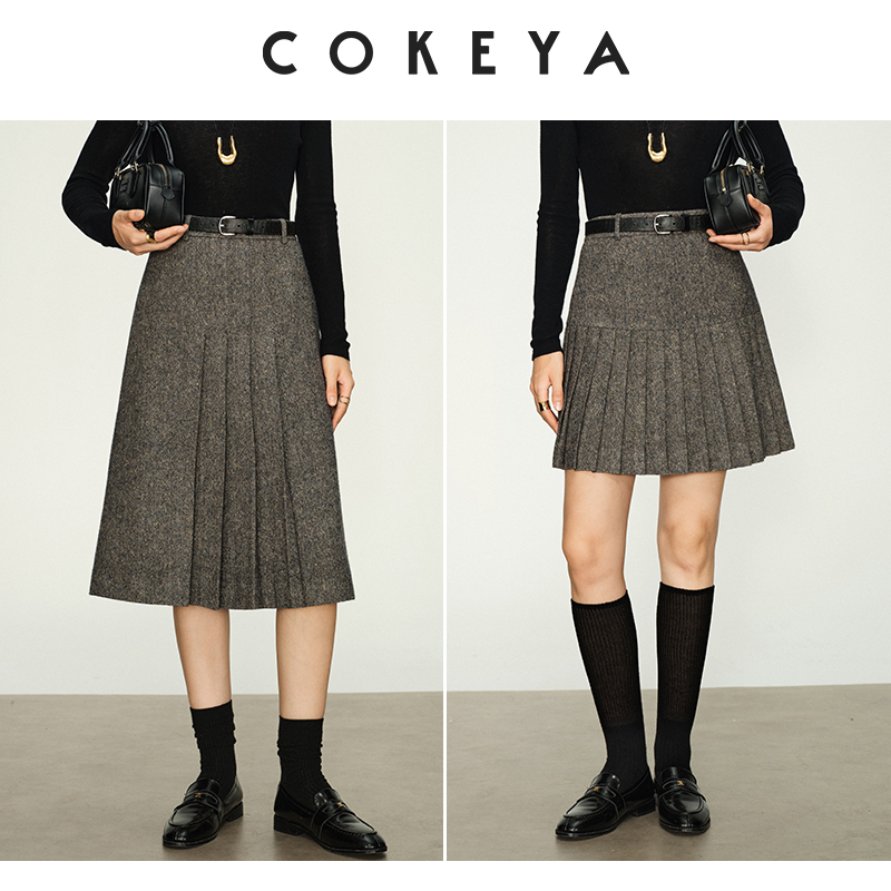 COKEYA/老“豆”~冷压定型色织彩点花呢羊毛复古百褶半身裙