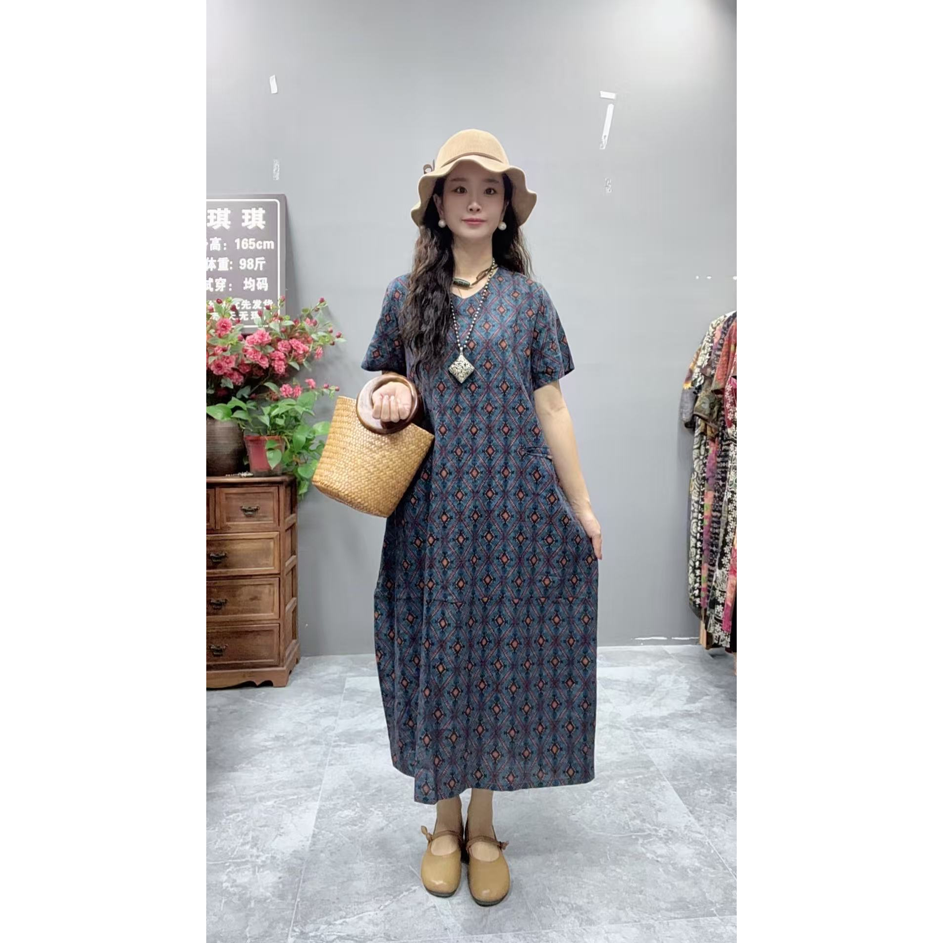 5240夏季新款显瘦气质时尚女百搭休闲文艺复古印花洋气宽松连衣裙