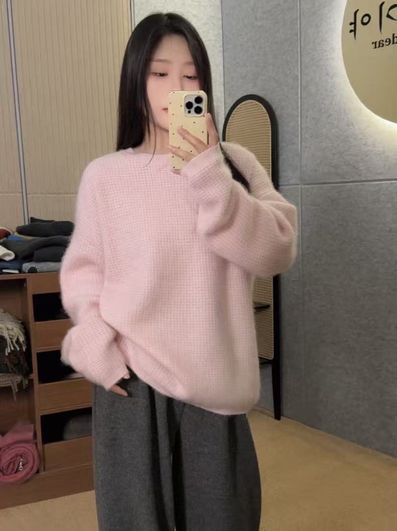 【鑫绒毛衣】针织慵懒风粉色毛衣圆领纯色毛针织衫毛衣Y999-A873