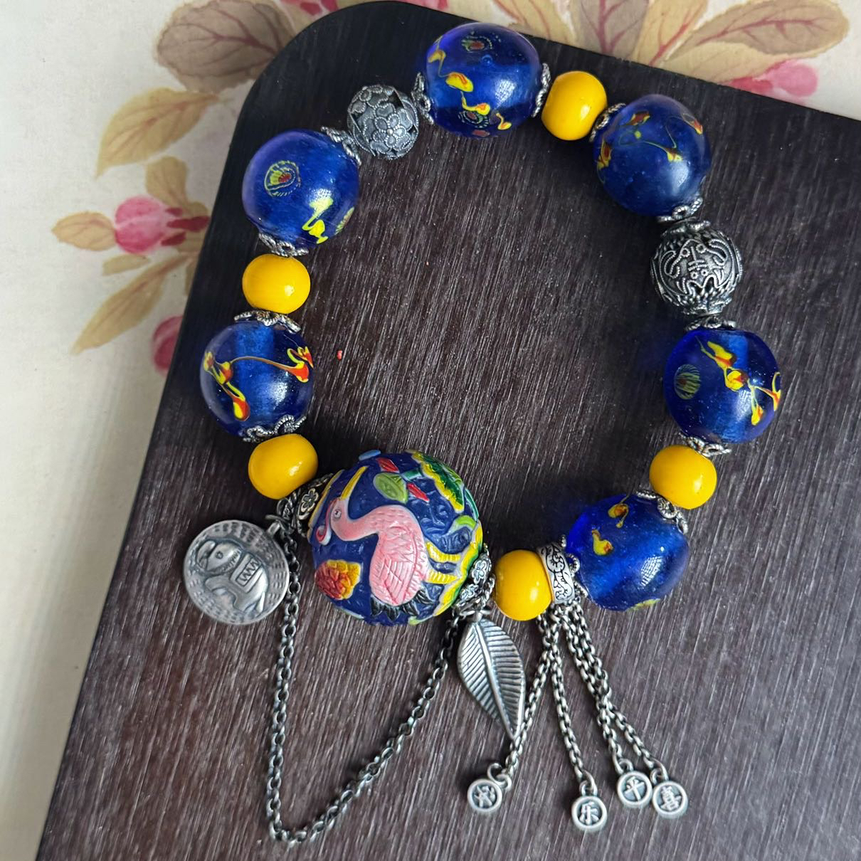 老琉璃复古蓝色凤眼银饰品手串5112701