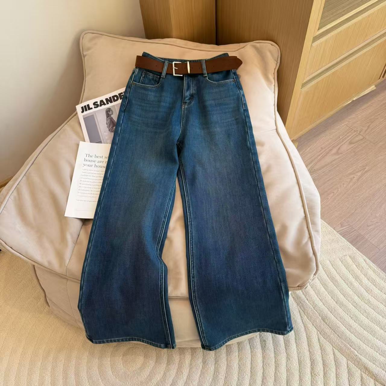 【豆子推荐】1802 加绒高腰显瘦直筒牛仔裤冬季复古时尚裤子