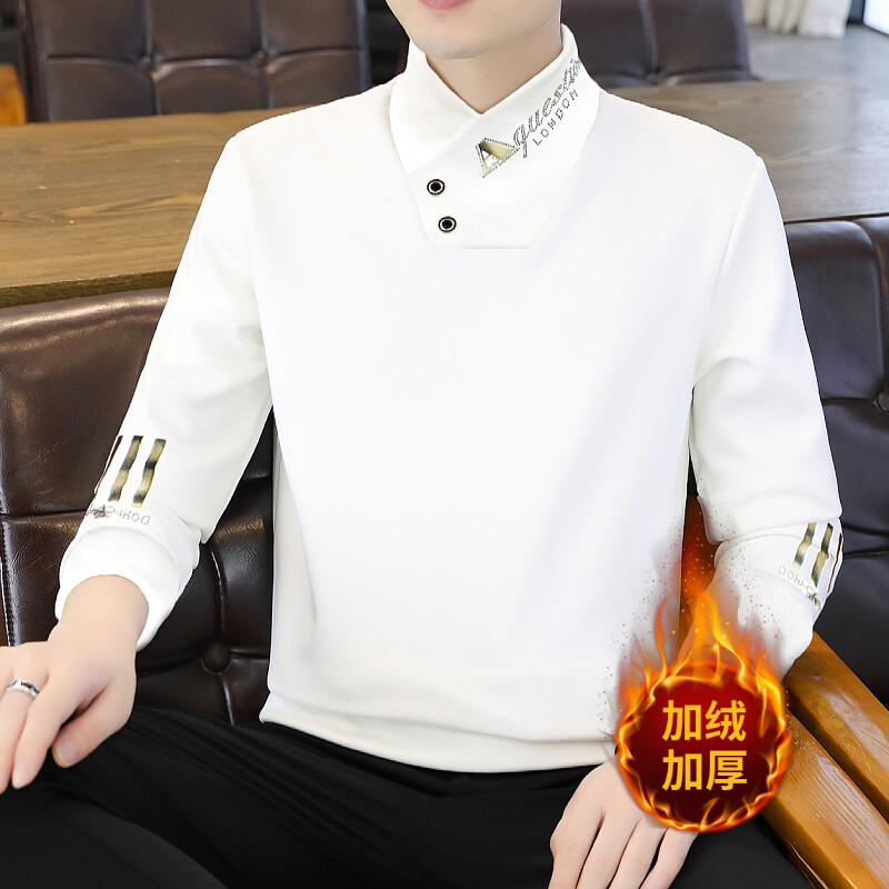 V领卫衣男士加绒加厚欧版一体绒套头打底衫男装保暖时尚套装男士