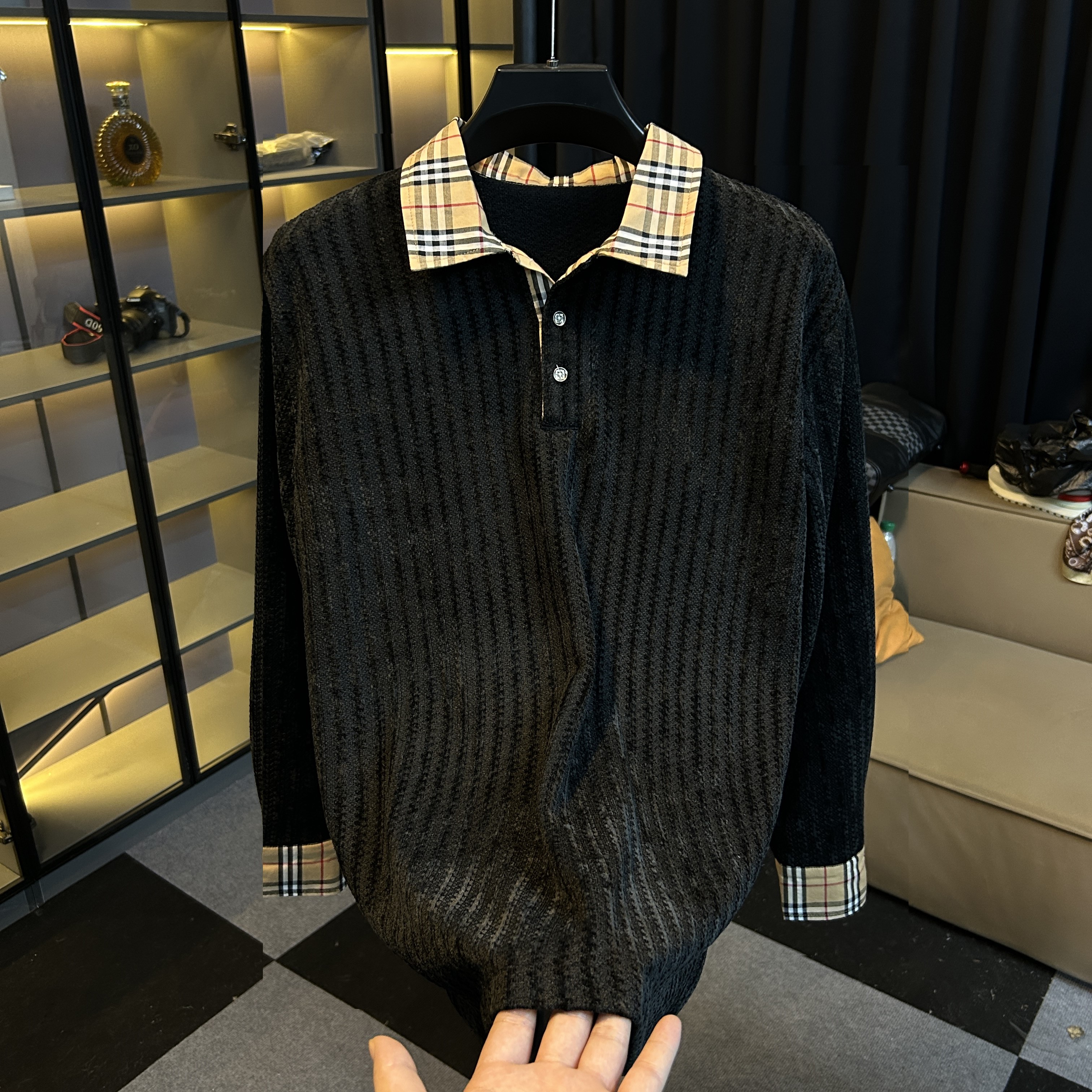 2025秋冬保暖男士老钱风V领打底长袖卫衣修身百塔慵懒风松弛感