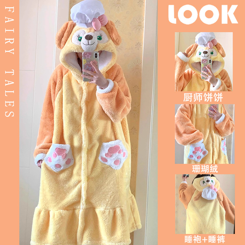 吉吉家居服可爱黄油饼饼毛绒睡袍女秋冬季珊瑚绒卡通睡衣加厚套装