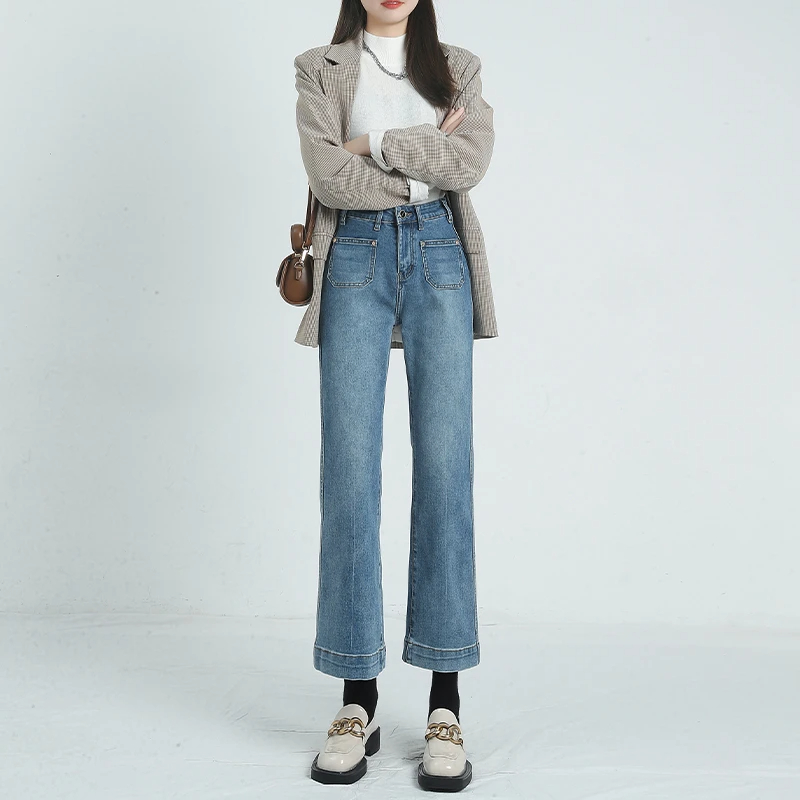 2025春季新款小个子微喇直筒牛仔裤美式复古百搭潮流梨形身材