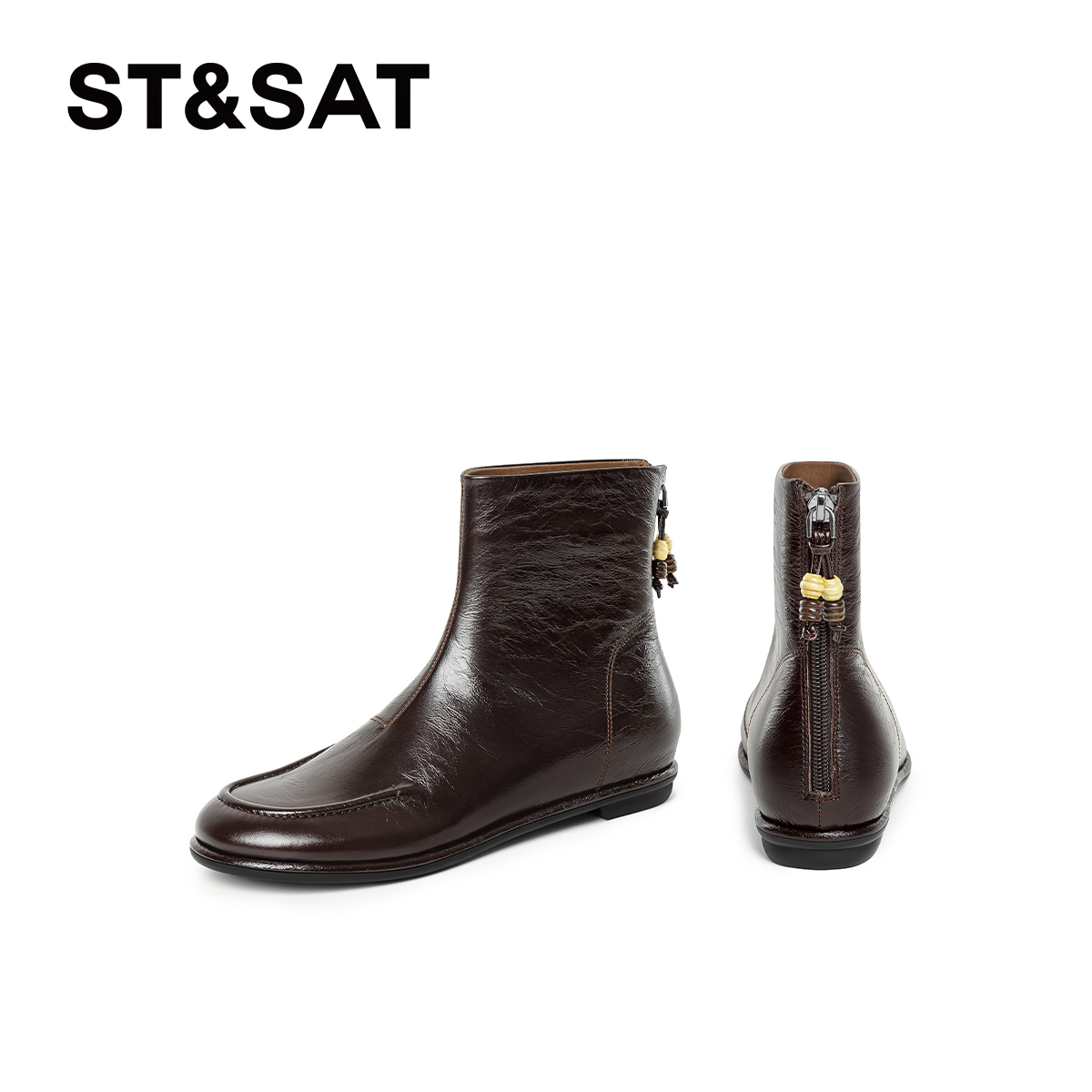 St&Sat/星期六欧美低跟英伦风短靴后拉链黑色圆头复古休闲马丁靴