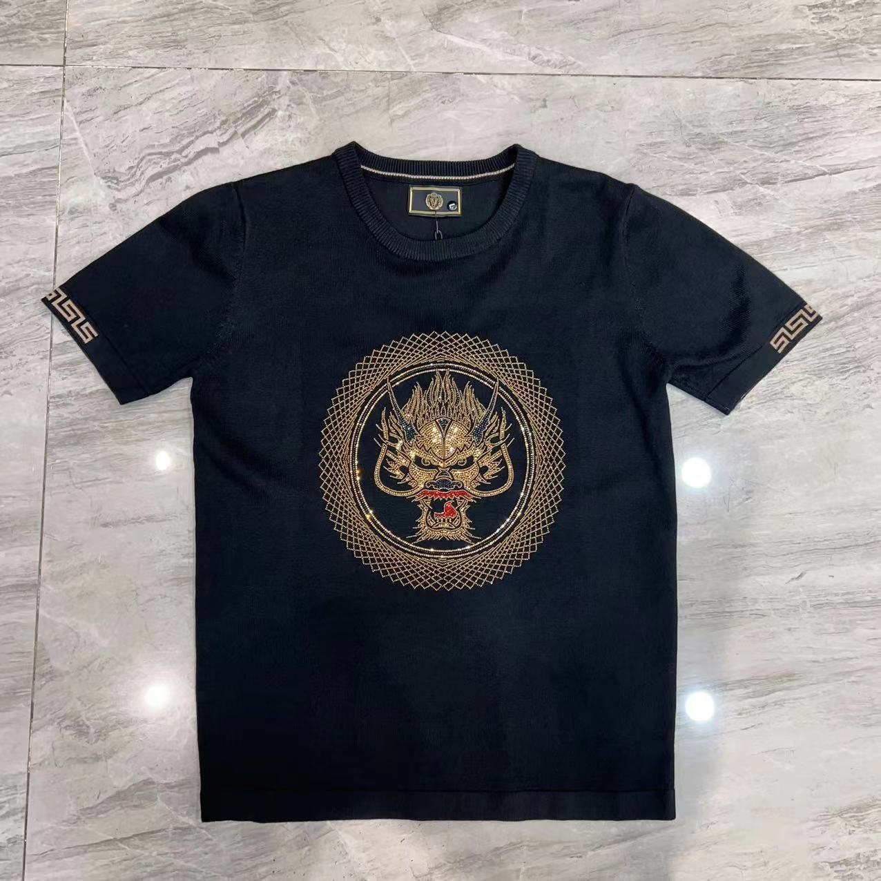 春秋新款欧货轻奢烫钻男士针织短袖1161时尚黑色百搭潮流圆领黑色