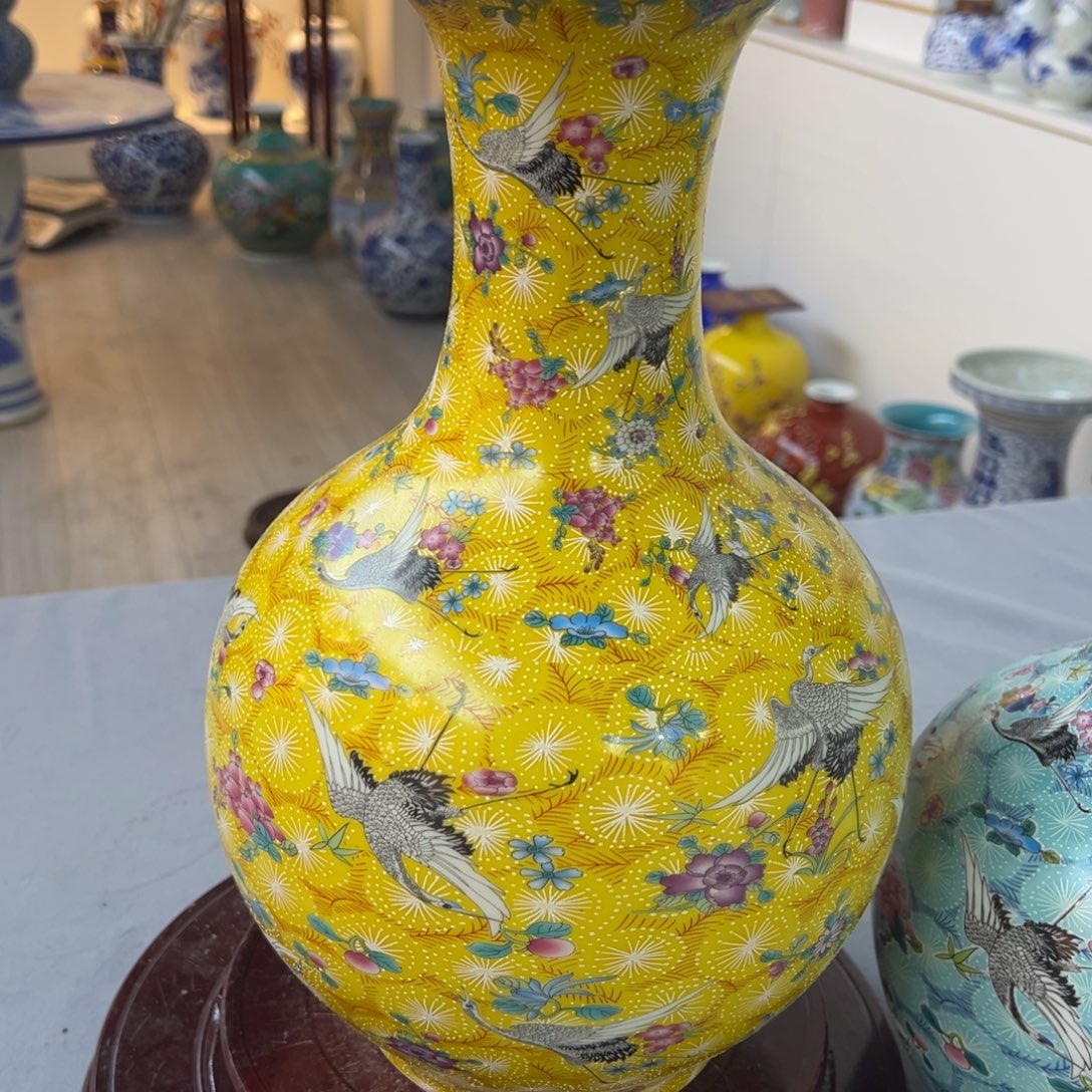 老***哥摆件陶两个35cm黄色仙鹤赏瓶