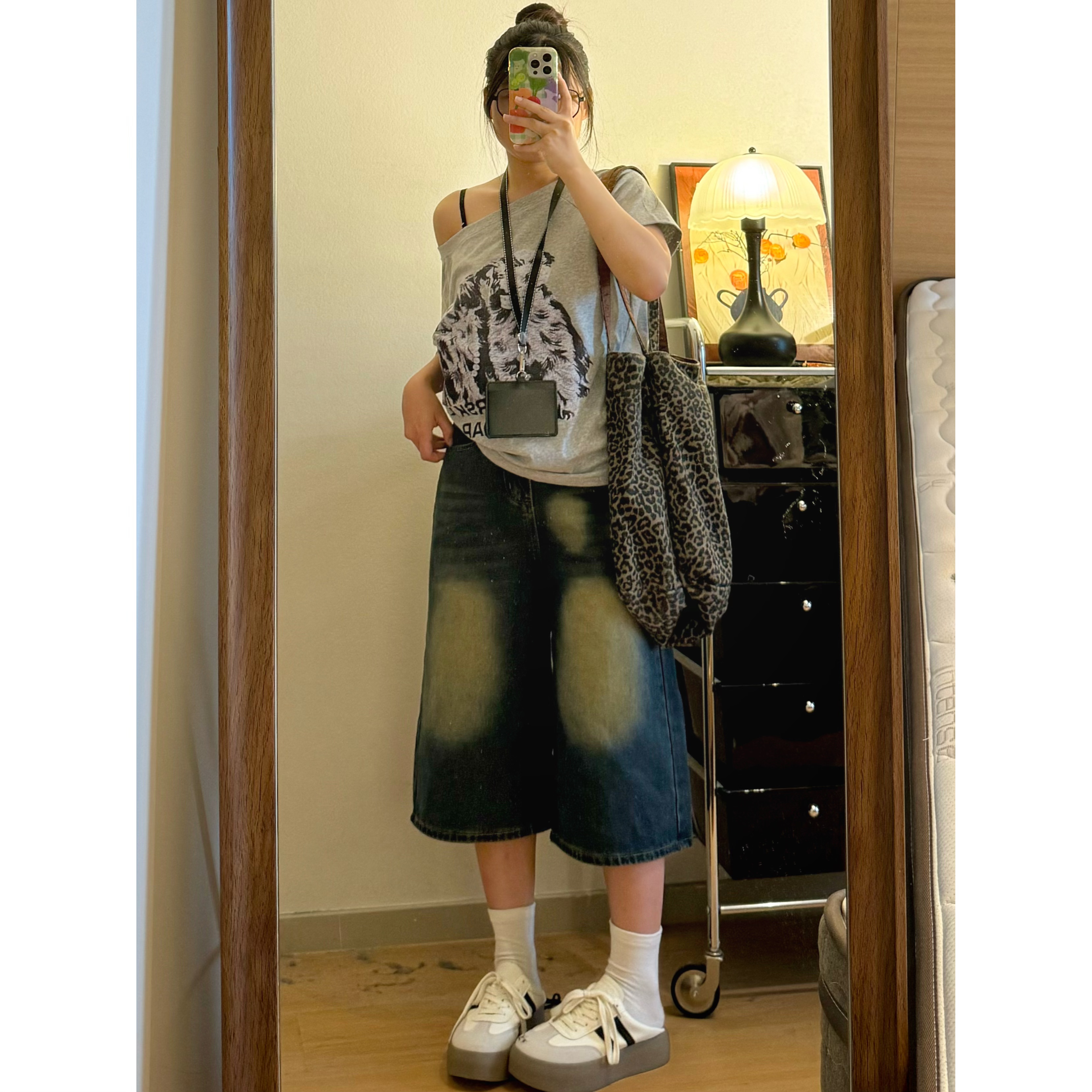 美式高街七分牛仔短裤女夏季做旧宽松阔腿显瘦百搭直筒中裤子