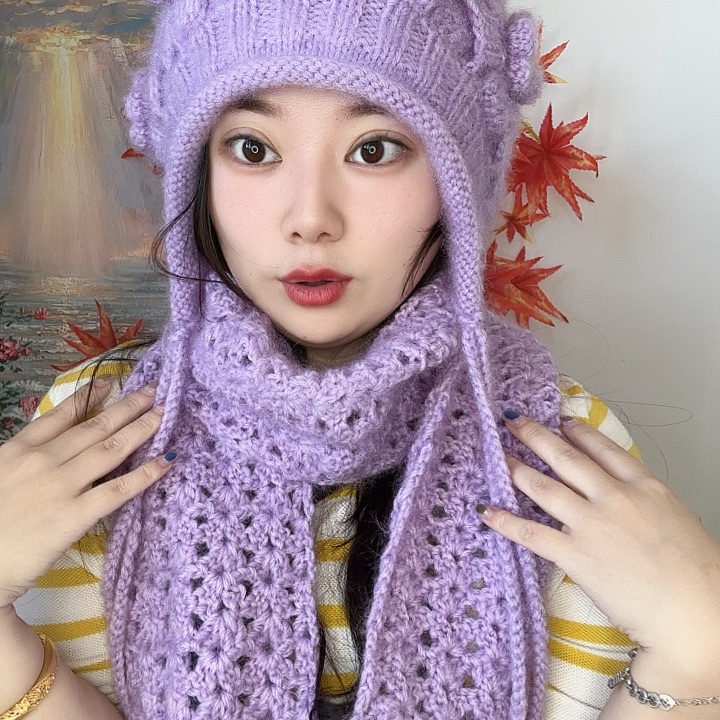 班***琴纯棉薰衣草立体芙蓉加爱尔兰围巾一套