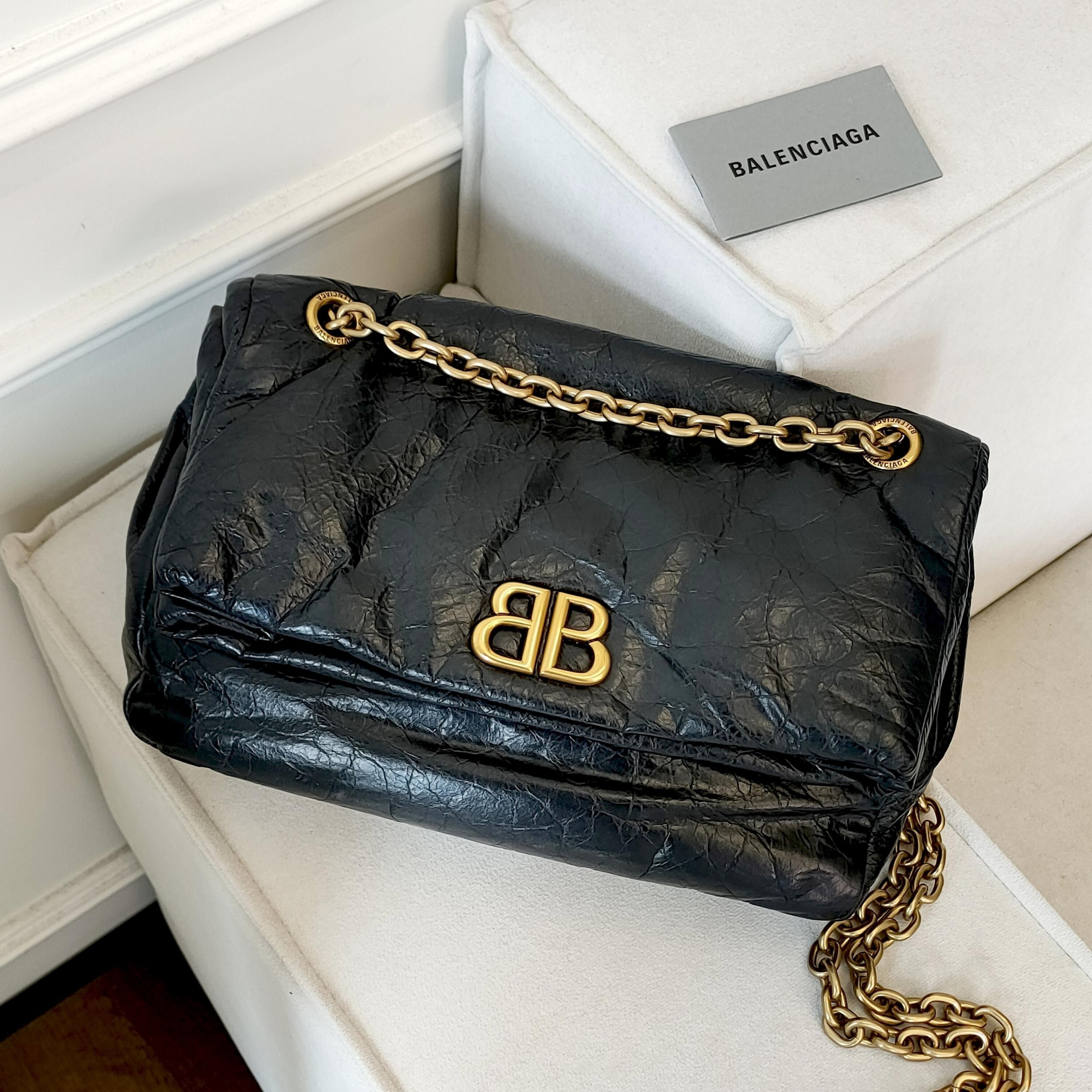 95新 Balenciaga/巴黎世家 黑金油蜡皮Monaco小号单肩包49705