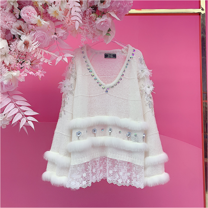 A4126欧美设计师2025秋季新款重工钉钻刺绣立体花朵毛衣女