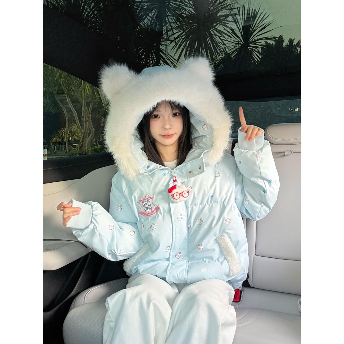 【带挂件】奶呼呼刺绣毛领棉服女冬季加厚保暖甜美学院宽松连帽外套