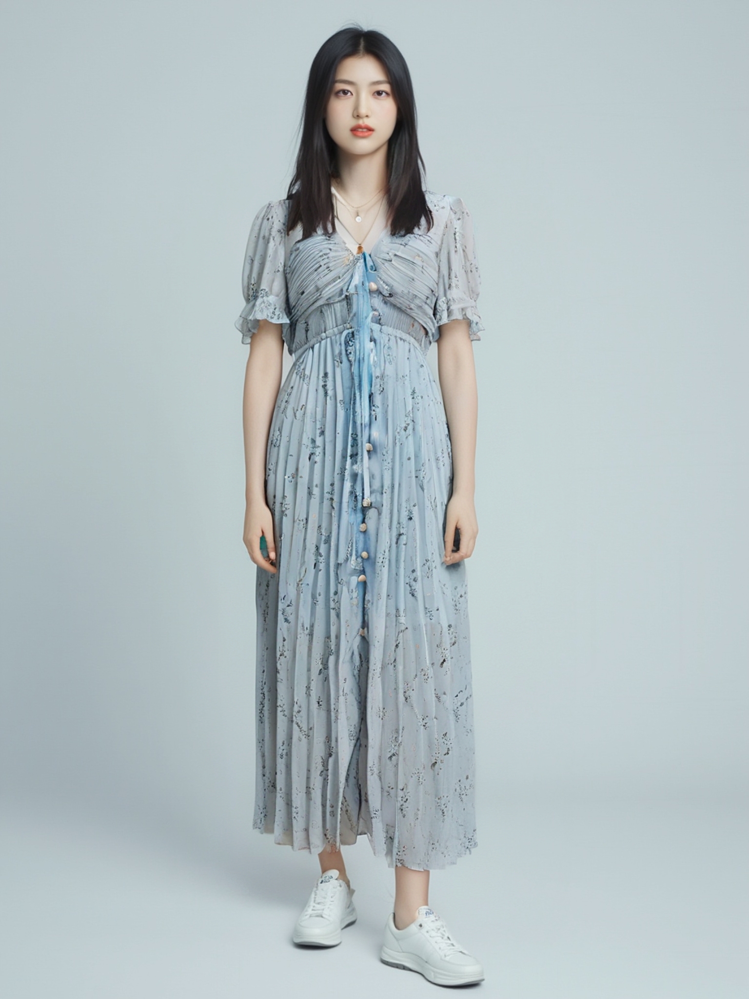 夏季新款时尚显瘦蓝色碎花超长裙女(商品实物以当天直播间为准)