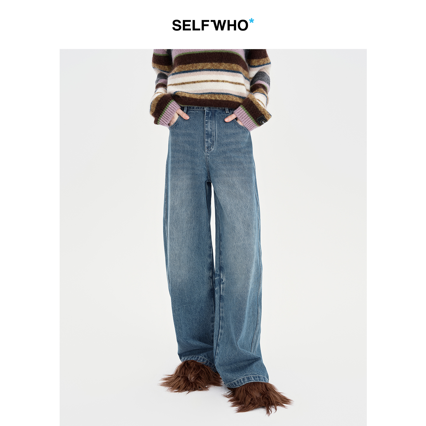 【马君妍同款】SELFWHO纯棉复古扎花洗水纹牛仔裤宽松显瘦阔腿裤