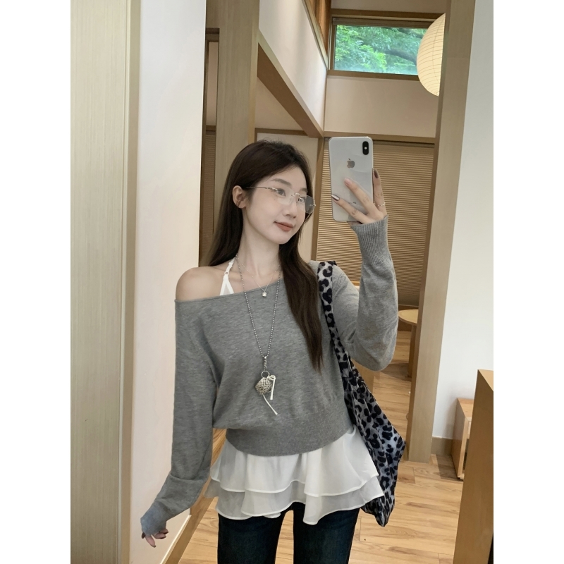 【年终捡漏】乌77慵懒感穿搭两件套女休闲百搭圆领毛衣荷叶边挂脖