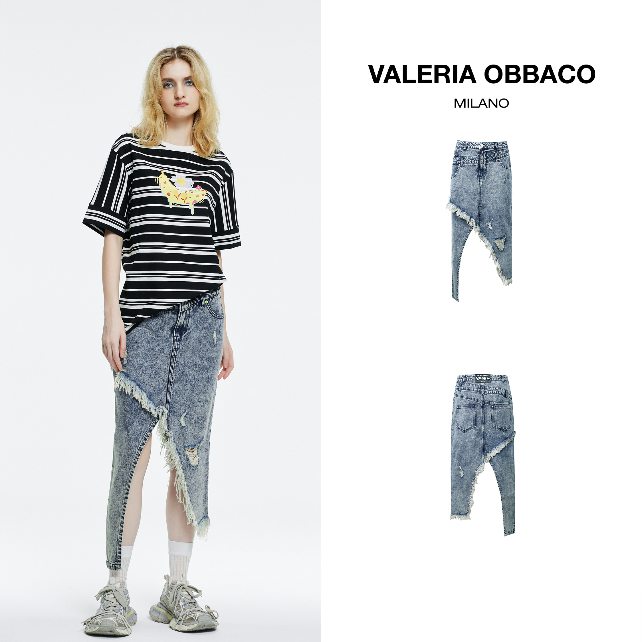 VALERIAOBBACO/瓦莱丽娅 奥贝科双腰解构毛边牛仔半裙宽松休闲