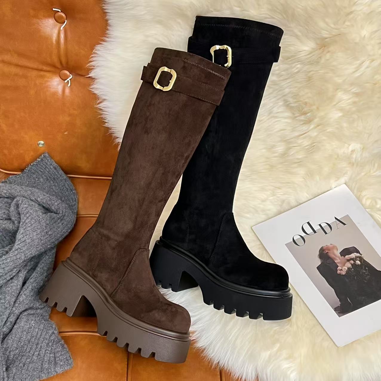 小小苏跟高8cm丨金扣时装靴骑士女靴圆头粗跟加绒高筒靴EDX55951