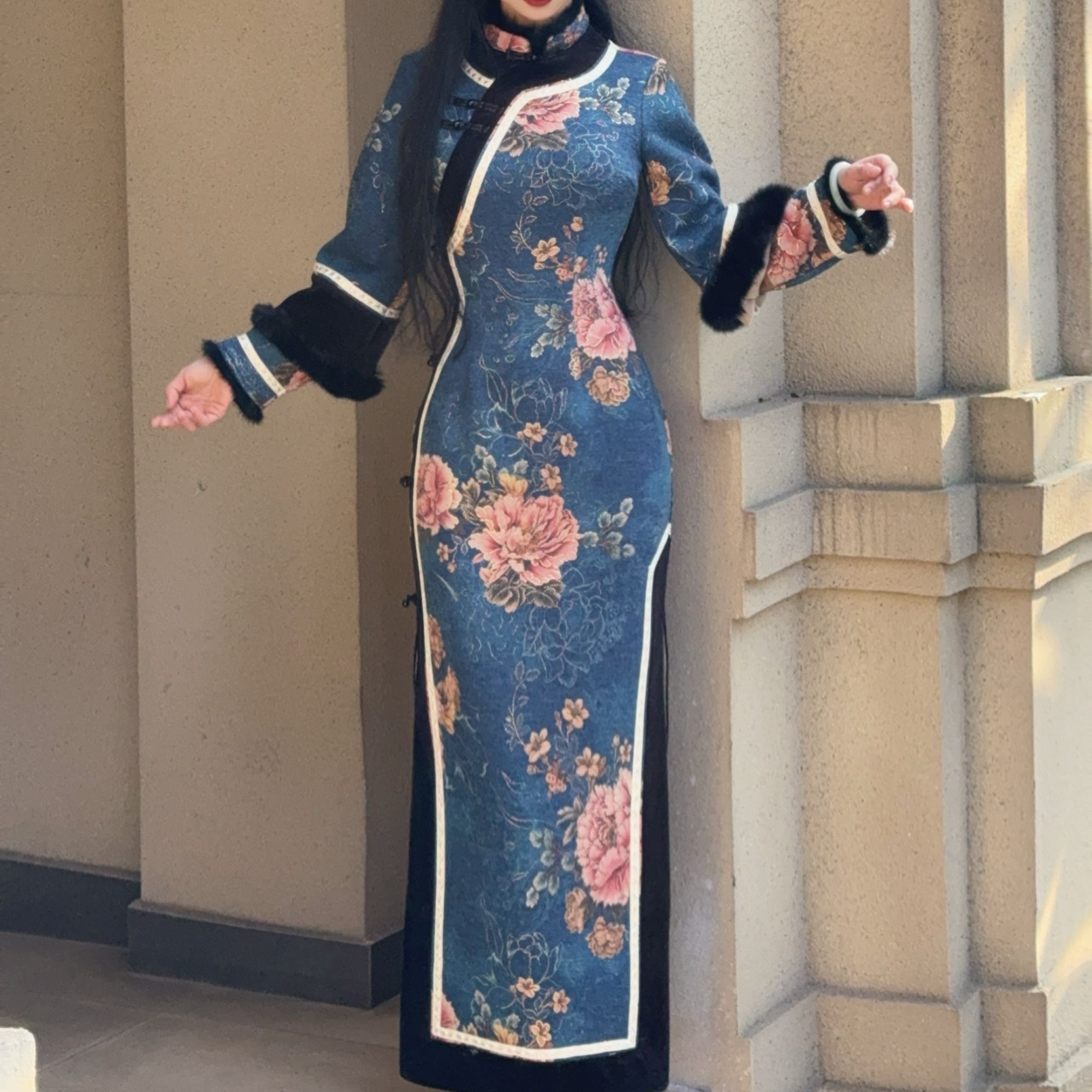 秋辞香~思美人 清宫格格复古重工复古港风中长款旗袍连衣裙