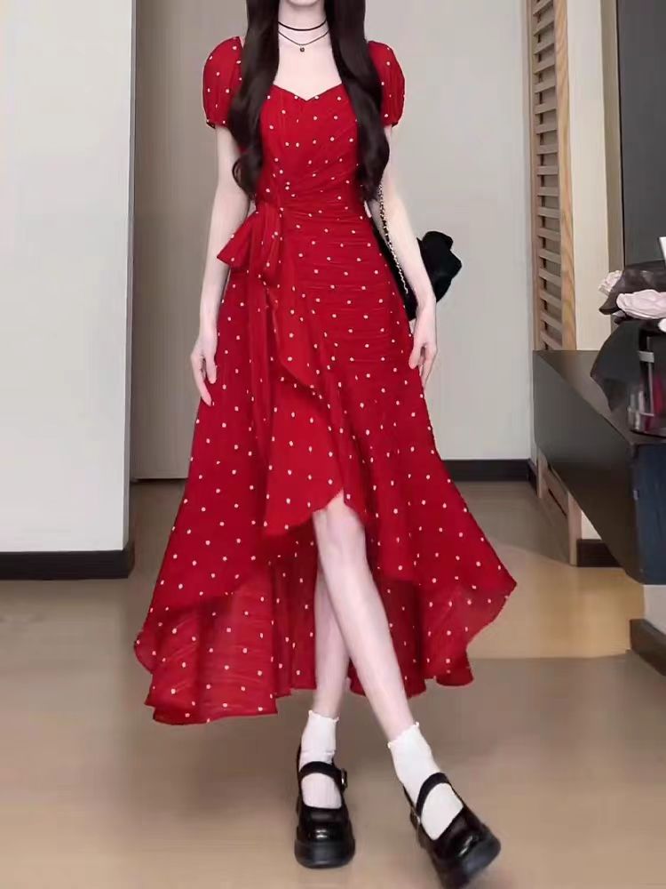 红色波点花裙肌理感不规则裙摆A字裙短袖连衣裙