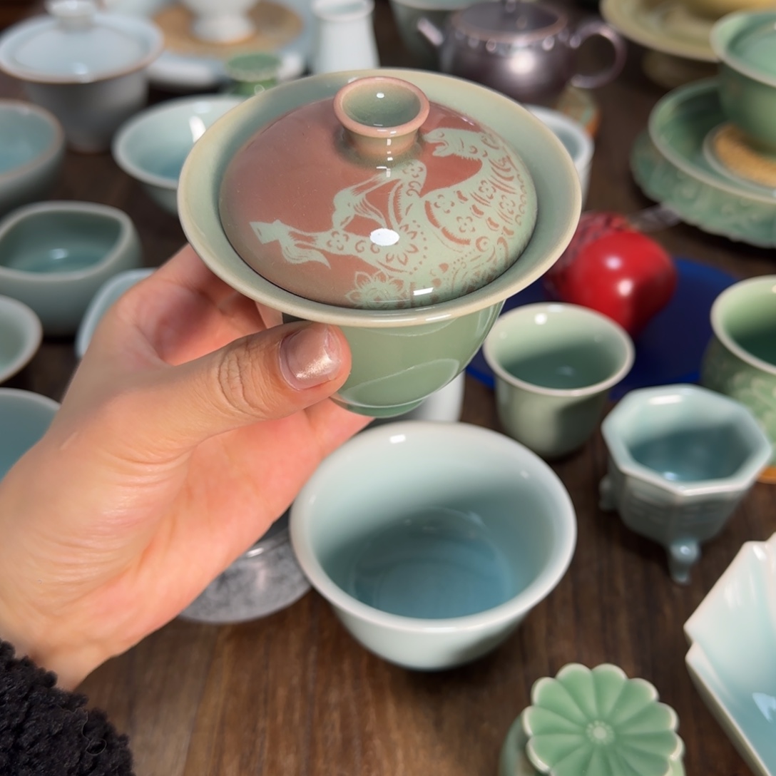 陶摆件龙泉青瓷手工盖碗