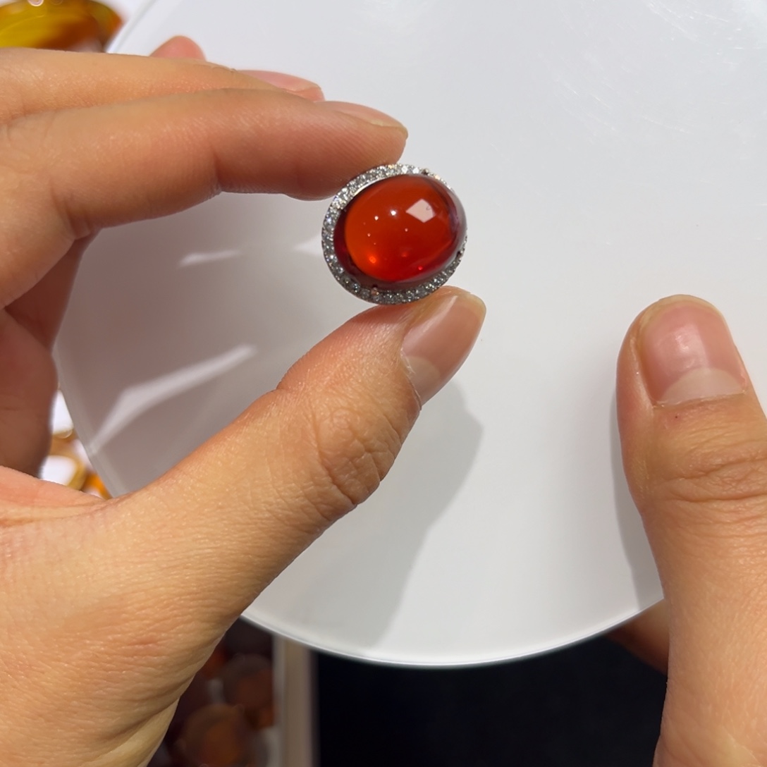 琥珀手镯银S925镶嵌血珀戒指（干放料